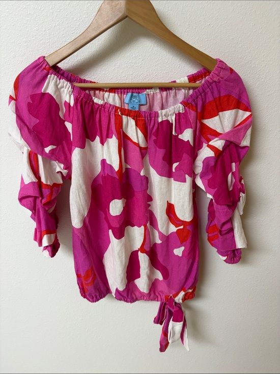 CeCe Tops - CeCe Pink, White & Red linen blend  Tie-Hem Blouse women’s size M